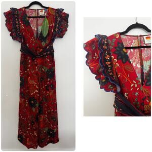 Farm Rio for Anthropologie Printed Deep-V Puff-Sleeve Jumpsuit